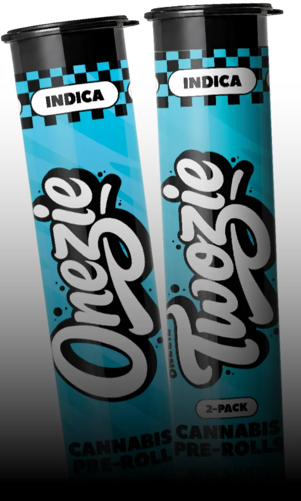 Onezie and Twozie containers, Indica. Cannabis pre-rolls, Twozie is a 2-pack.