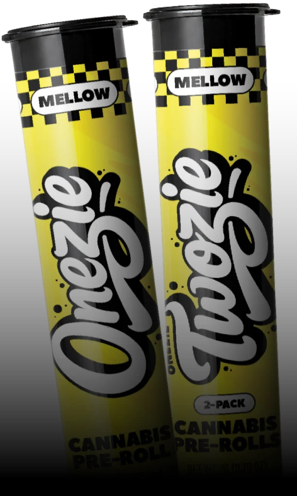 Onezie and Twozie containers, Mellow. Cannabis pre-rolls, Twozie is a 2-pack.