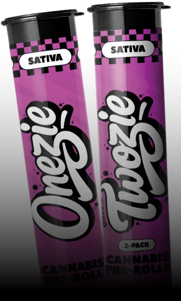 Onezie and Twozie containers, Sativa. Cannabis pre-rolls, Twozie is a 2-pack.