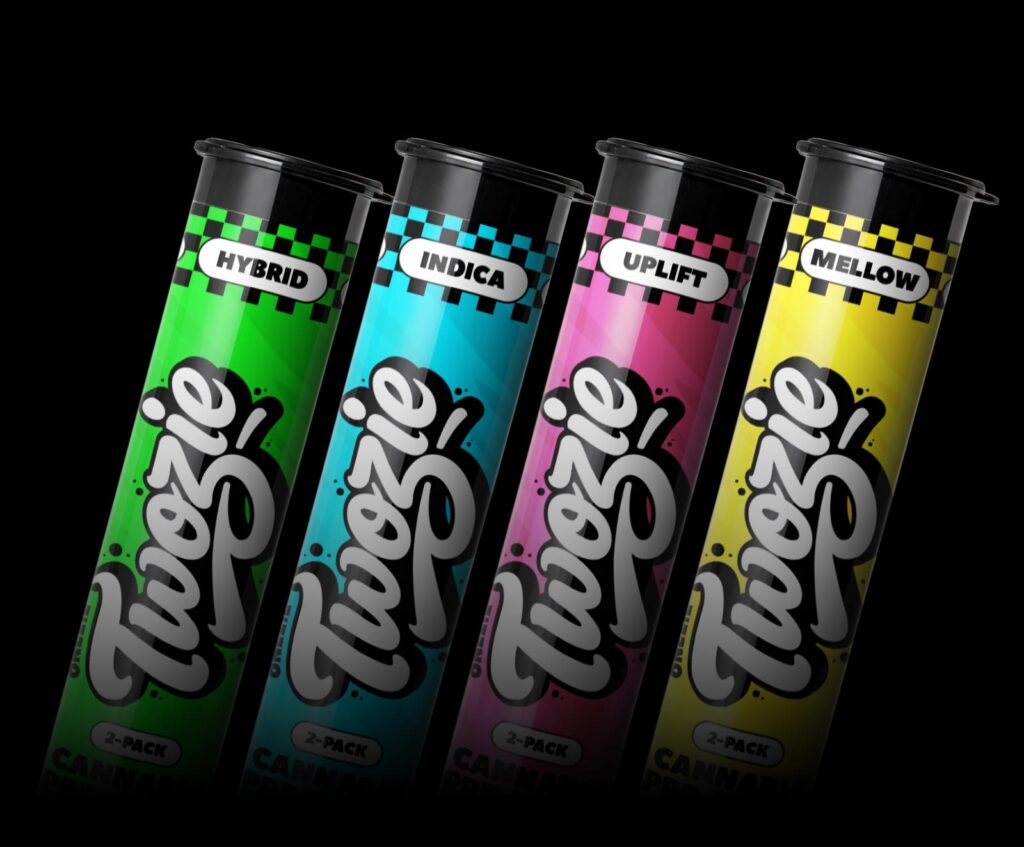 4 containers of "Twozies," Hybrid, indica, uplift, and mellow two packs.