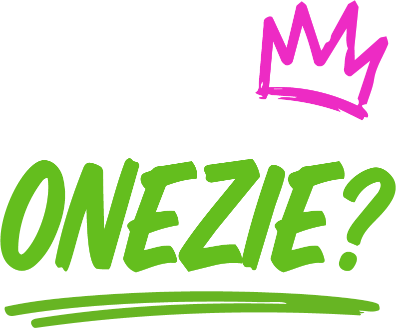 Text that says Why Onezies with a pink crown and green underline